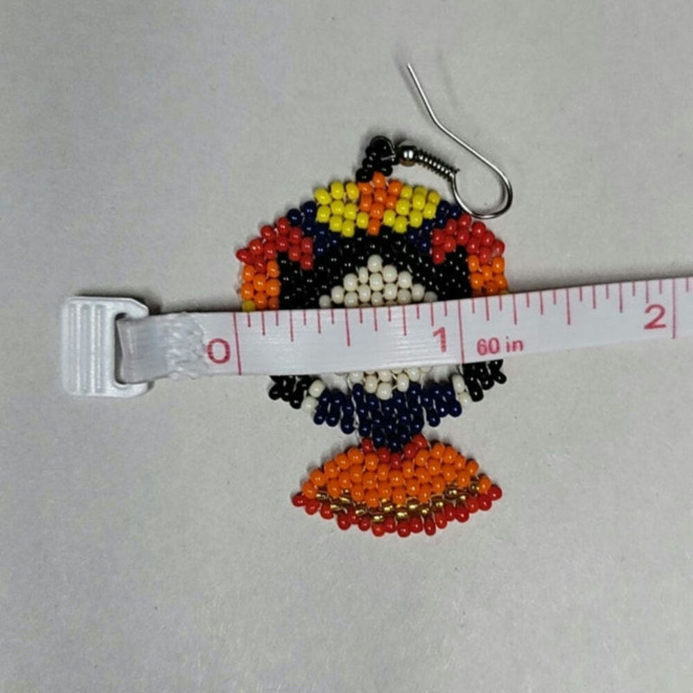 Handmade Otomi Doll Lightweight Beaded Earrings Black Orange Yellow & Cream - Picture 7 of 7